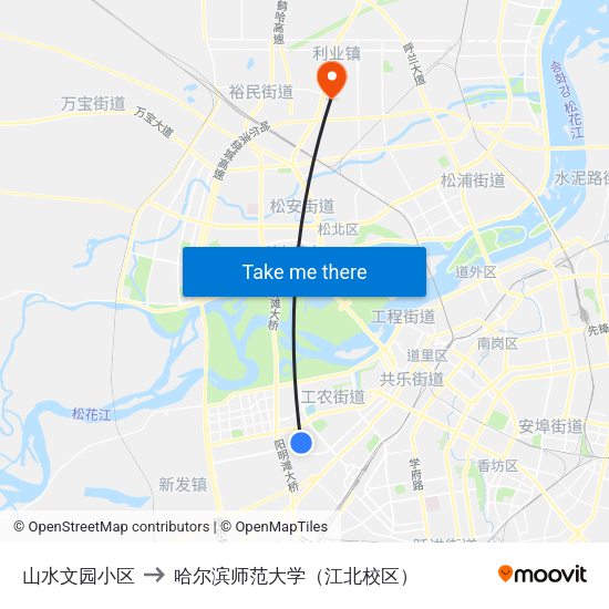 山水文园小区 to 哈尔滨师范大学（江北校区） map