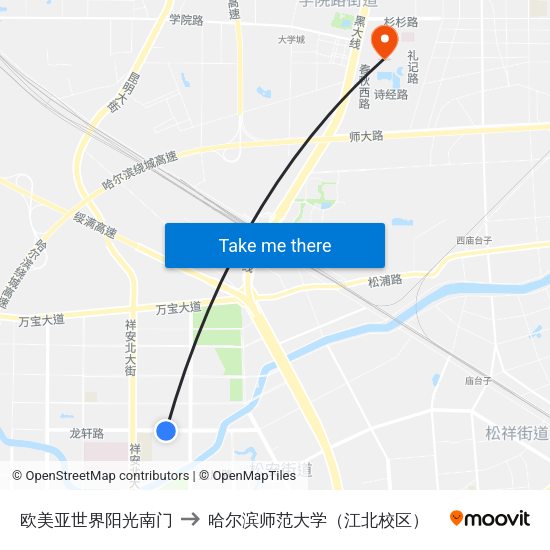 欧美亚世界阳光南门 to 哈尔滨师范大学（江北校区） map