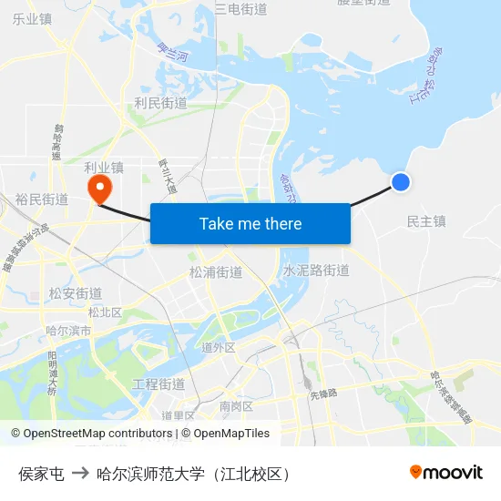 侯家屯 to 哈尔滨师范大学（江北校区） map