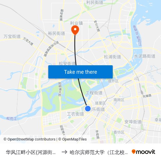 华风江畔小区(河源街街口) to 哈尔滨师范大学（江北校区） map