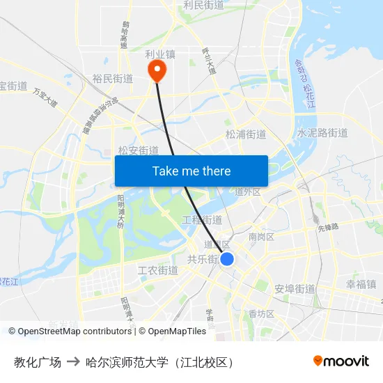 教化广场 to 哈尔滨师范大学（江北校区） map