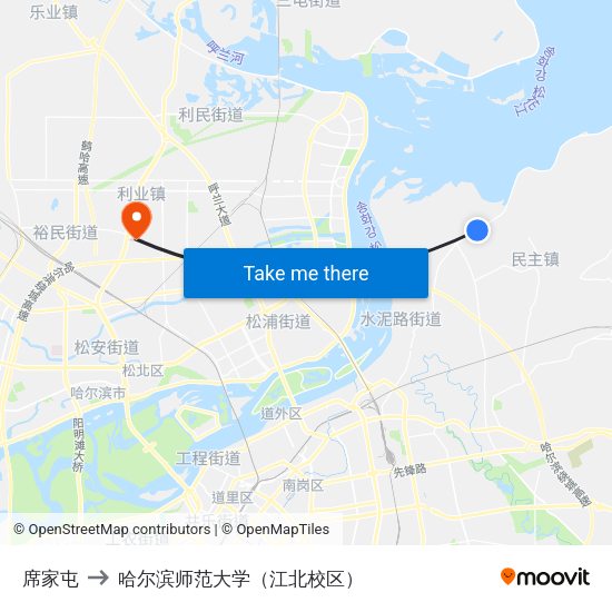 席家屯 to 哈尔滨师范大学（江北校区） map