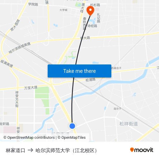 林家道口 to 哈尔滨师范大学（江北校区） map