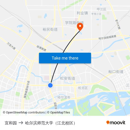 宜和园 to 哈尔滨师范大学（江北校区） map