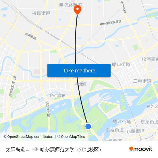 太阳岛道口 to 哈尔滨师范大学（江北校区） map