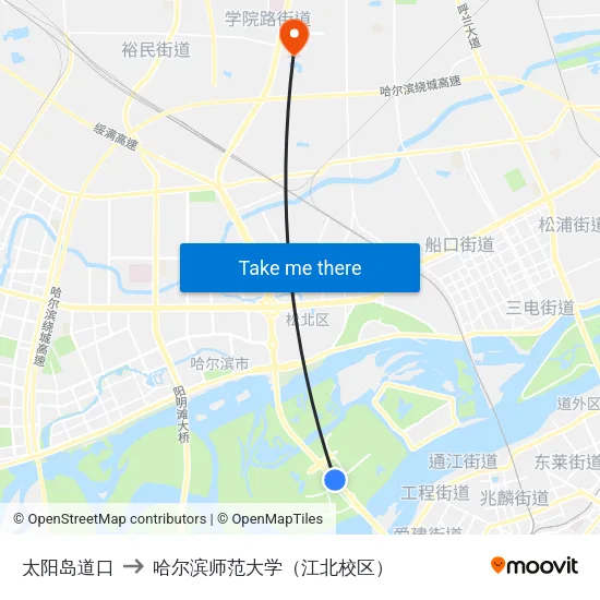 太阳岛道口 to 哈尔滨师范大学（江北校区） map