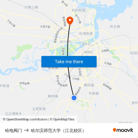 哈电阀门 to 哈尔滨师范大学（江北校区） map