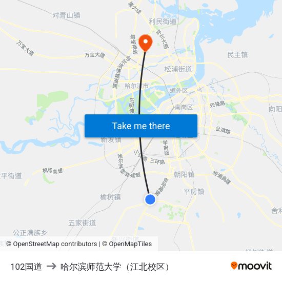 102国道 to 哈尔滨师范大学（江北校区） map