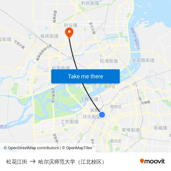 松花江街 to 哈尔滨师范大学（江北校区） map