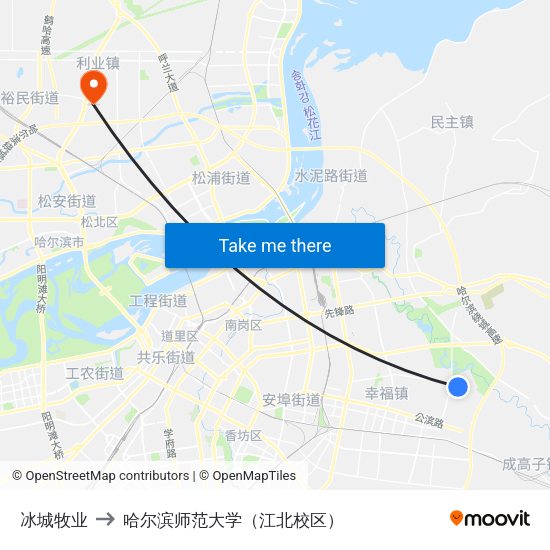 冰城牧业 to 哈尔滨师范大学（江北校区） map