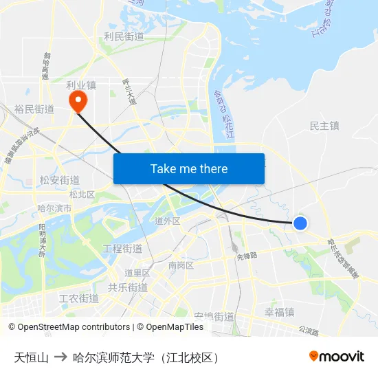 天恒山 to 哈尔滨师范大学（江北校区） map