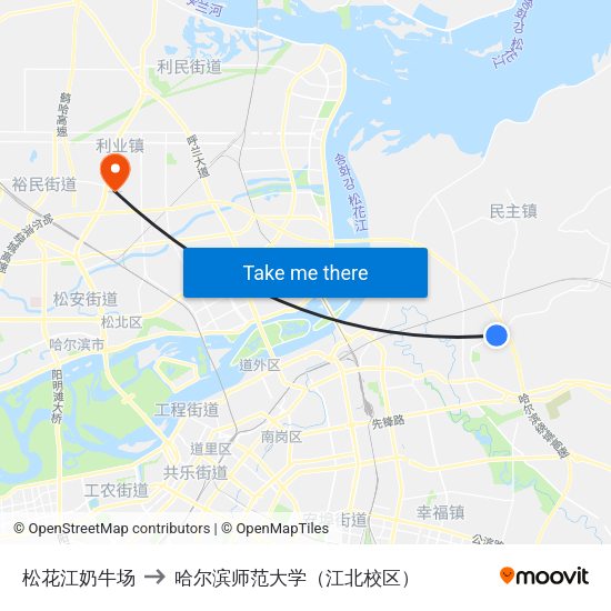 松花江奶牛场 to 哈尔滨师范大学（江北校区） map