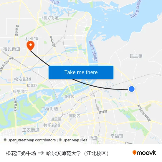 松花江奶牛场 to 哈尔滨师范大学（江北校区） map