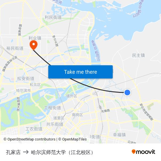 孔家店 to 哈尔滨师范大学（江北校区） map