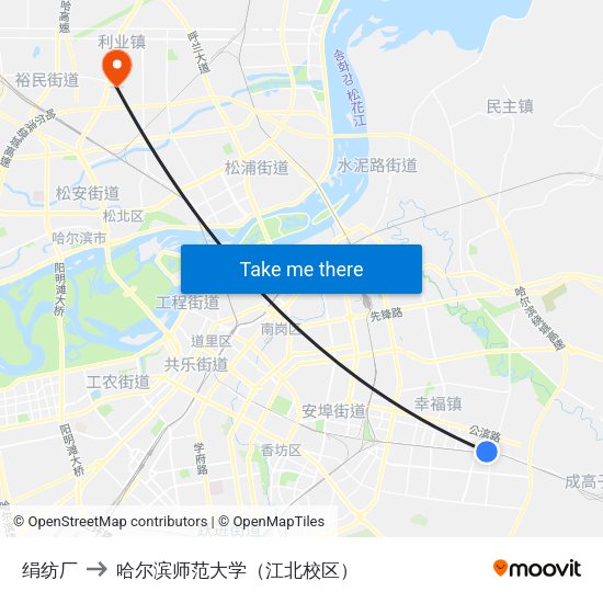 绢纺厂 to 哈尔滨师范大学（江北校区） map