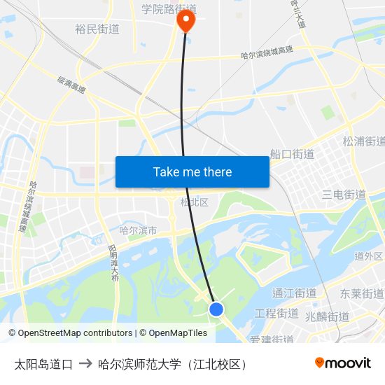 太阳岛道口 to 哈尔滨师范大学（江北校区） map