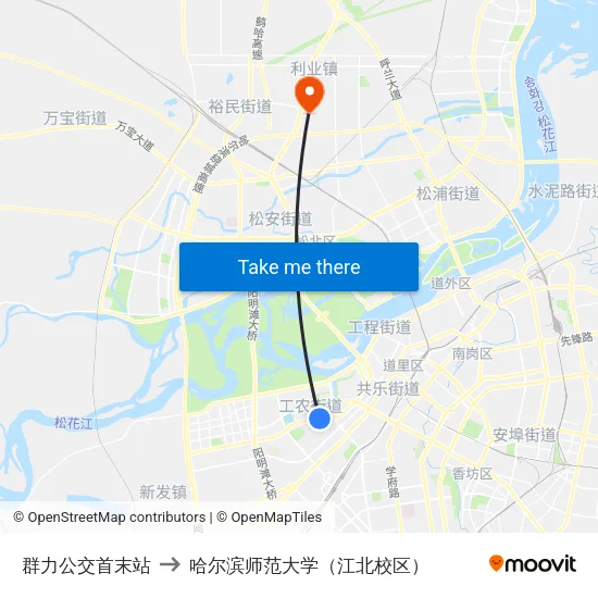 群力公交首末站 to 哈尔滨师范大学（江北校区） map