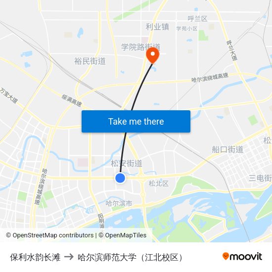 保利水韵长滩 to 哈尔滨师范大学（江北校区） map