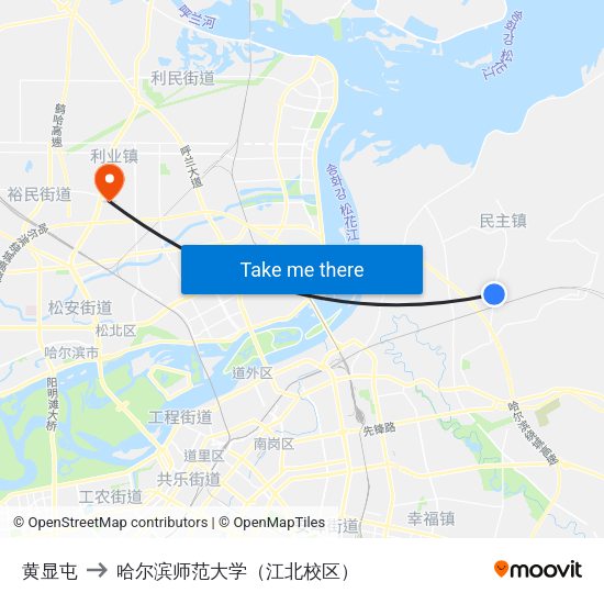 黄显屯 to 哈尔滨师范大学（江北校区） map