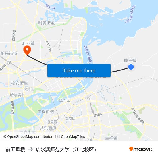 前五凤楼 to 哈尔滨师范大学（江北校区） map