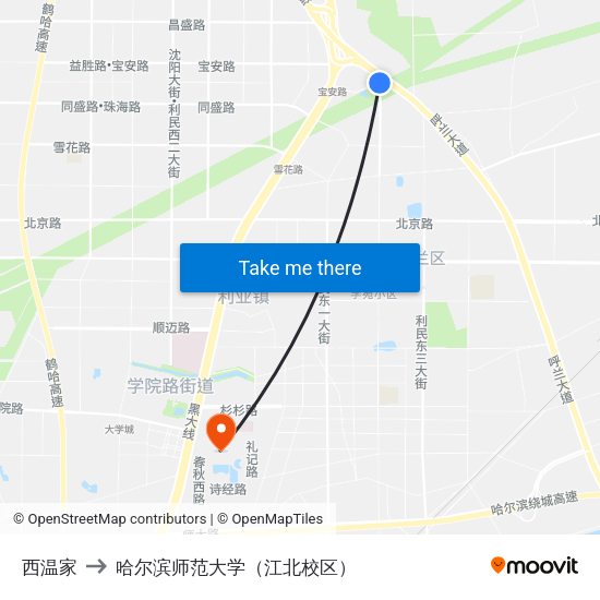 西温家 to 哈尔滨师范大学（江北校区） map
