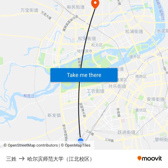 三姓 to 哈尔滨师范大学（江北校区） map