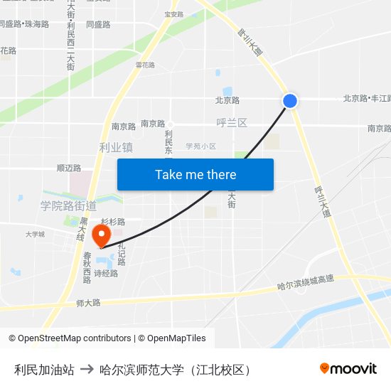利民加油站 to 哈尔滨师范大学（江北校区） map