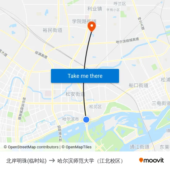 北岸明珠(临时站) to 哈尔滨师范大学（江北校区） map