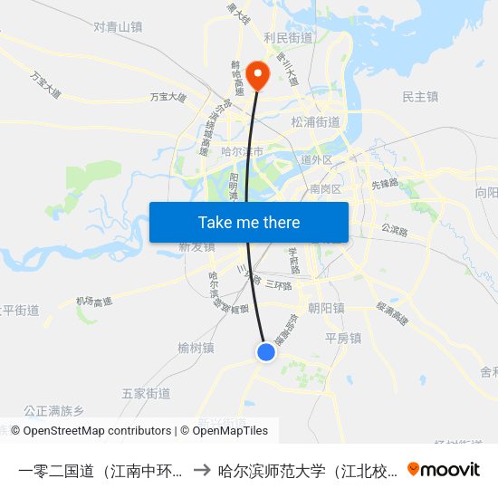 一零二国道（江南中环路） to 哈尔滨师范大学（江北校区） map