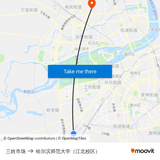 三姓市场 to 哈尔滨师范大学（江北校区） map