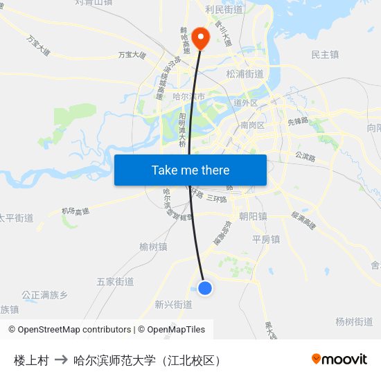 楼上村 to 哈尔滨师范大学（江北校区） map