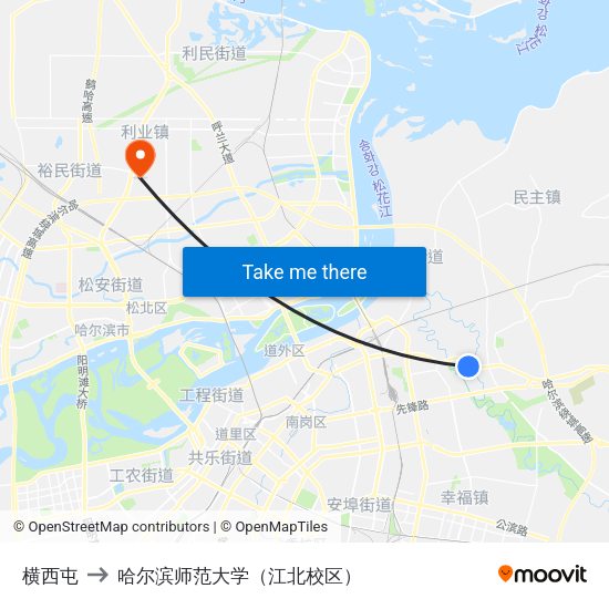 横西屯 to 哈尔滨师范大学（江北校区） map