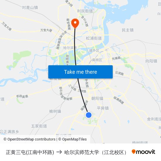 正黄三屯(江南中环路) to 哈尔滨师范大学（江北校区） map