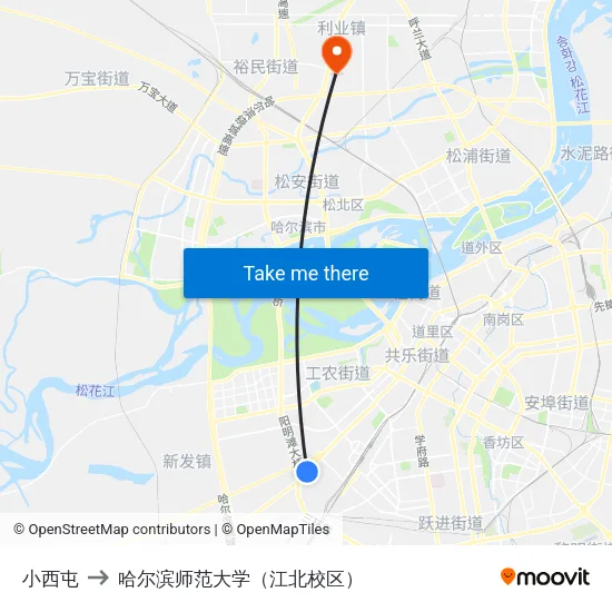 小西屯 to 哈尔滨师范大学（江北校区） map