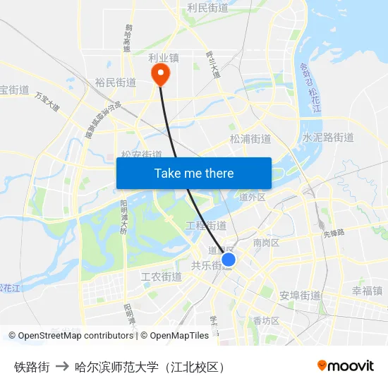 铁路街 to 哈尔滨师范大学（江北校区） map