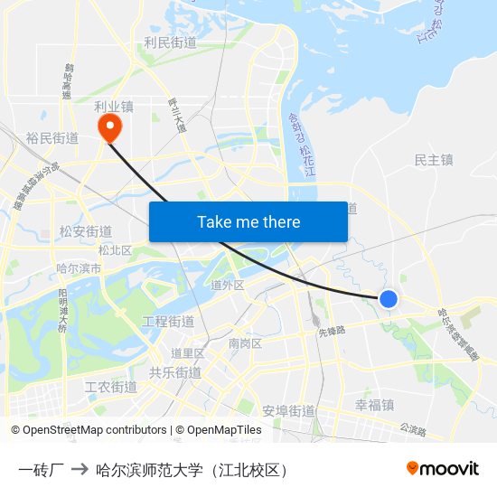 一砖厂 to 哈尔滨师范大学（江北校区） map