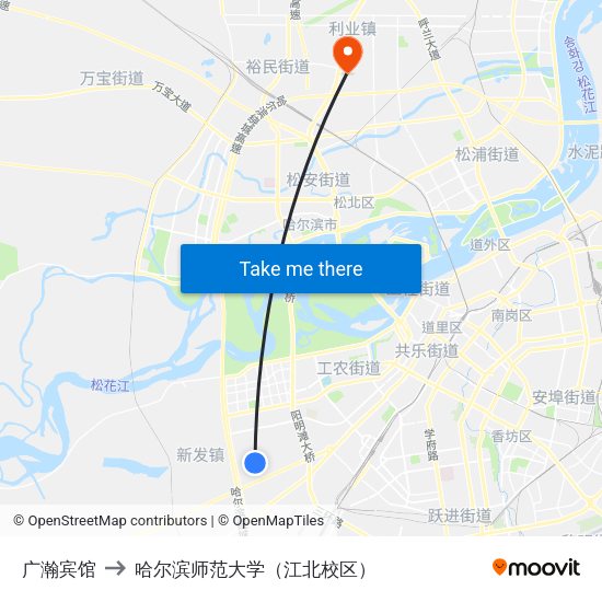 广瀚宾馆 to 哈尔滨师范大学（江北校区） map
