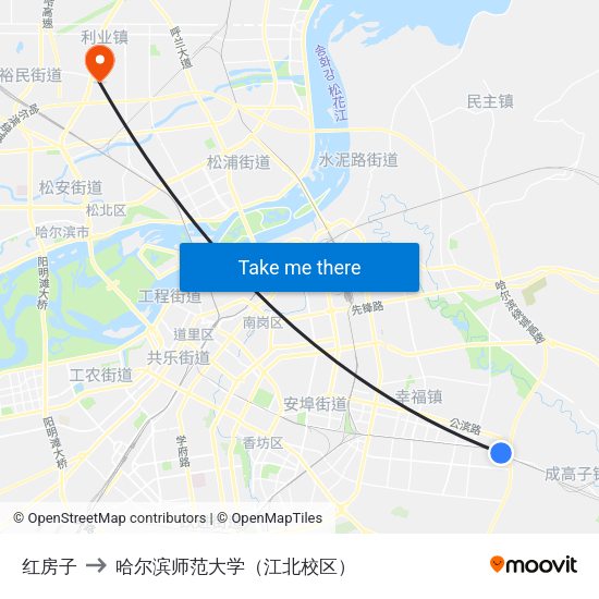 红房子 to 哈尔滨师范大学（江北校区） map