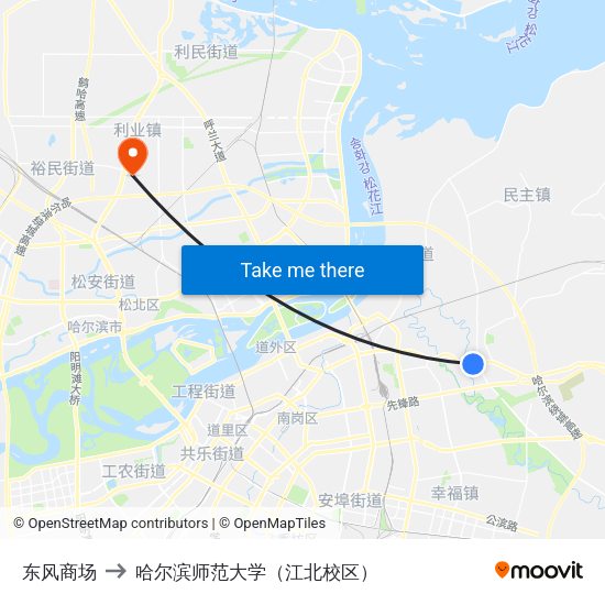 东风商场 to 哈尔滨师范大学（江北校区） map