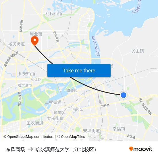 东风商场 to 哈尔滨师范大学（江北校区） map