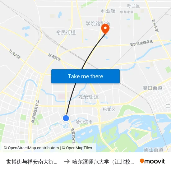 世博街与祥安南大街交口 to 哈尔滨师范大学（江北校区） map