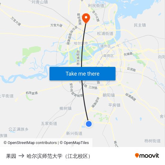 果园 to 哈尔滨师范大学（江北校区） map