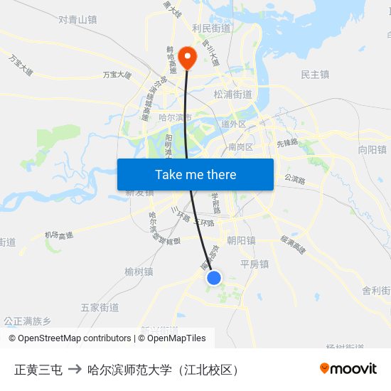 正黄三屯 to 哈尔滨师范大学（江北校区） map