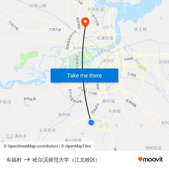 东福村 to 哈尔滨师范大学（江北校区） map