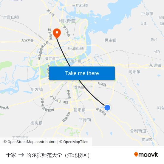 于家 to 哈尔滨师范大学（江北校区） map
