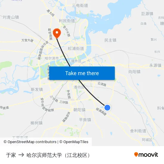 于家 to 哈尔滨师范大学（江北校区） map