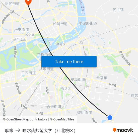 耿家 to 哈尔滨师范大学（江北校区） map