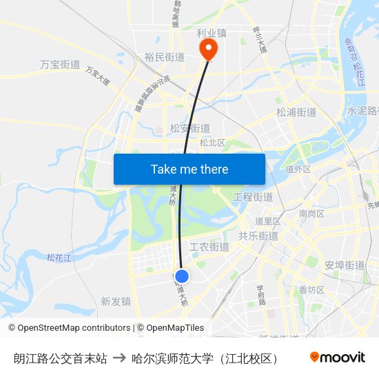 朗江路公交首末站 to 哈尔滨师范大学（江北校区） map