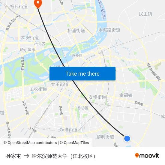 孙家屯 to 哈尔滨师范大学（江北校区） map