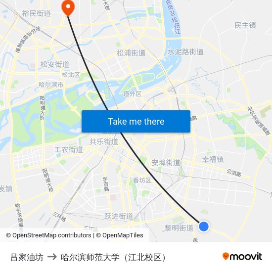 吕家油坊 to 哈尔滨师范大学（江北校区） map